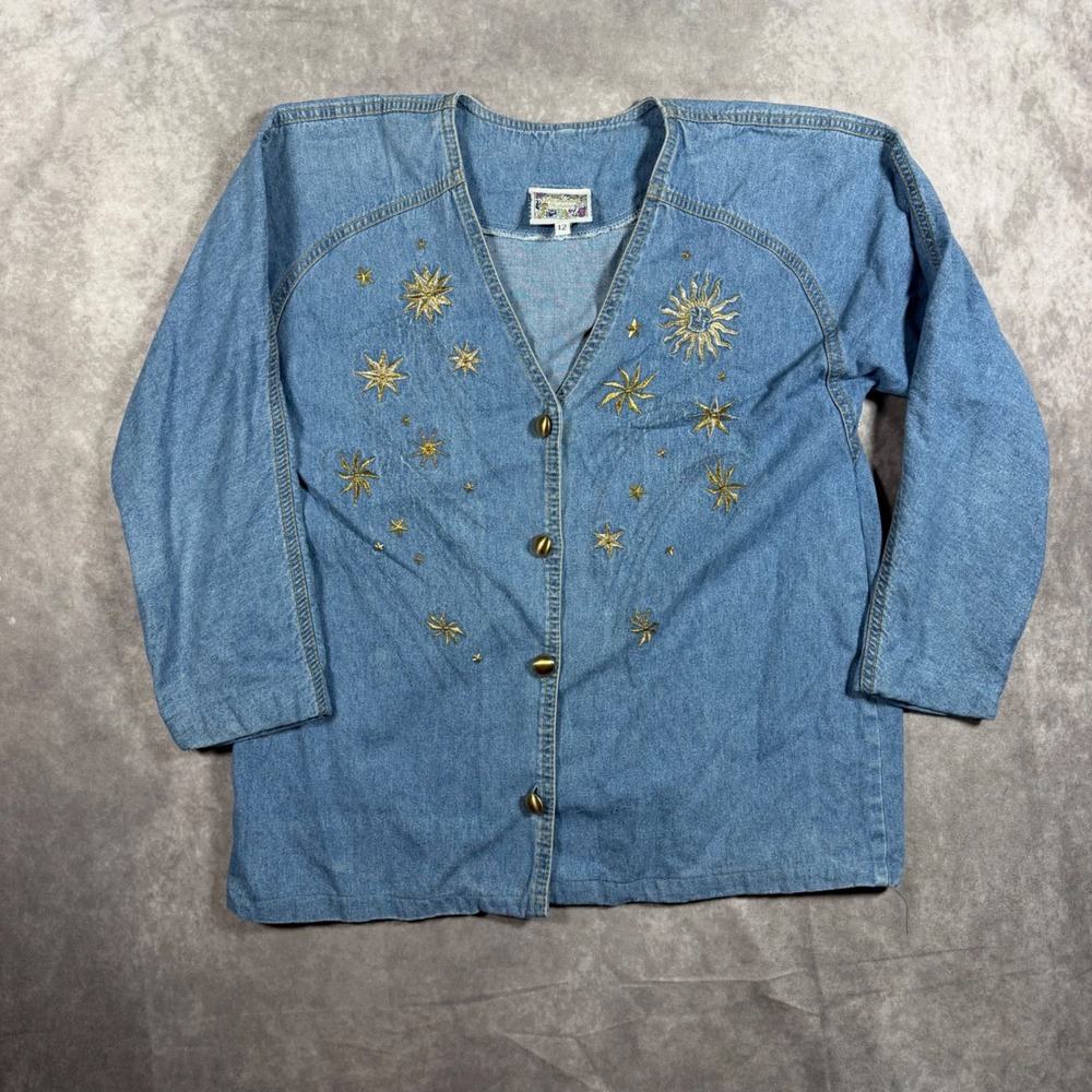 Monique Fashions Vintage Denim Celestial Sun Star Embroidered Top 12 Cottagecore